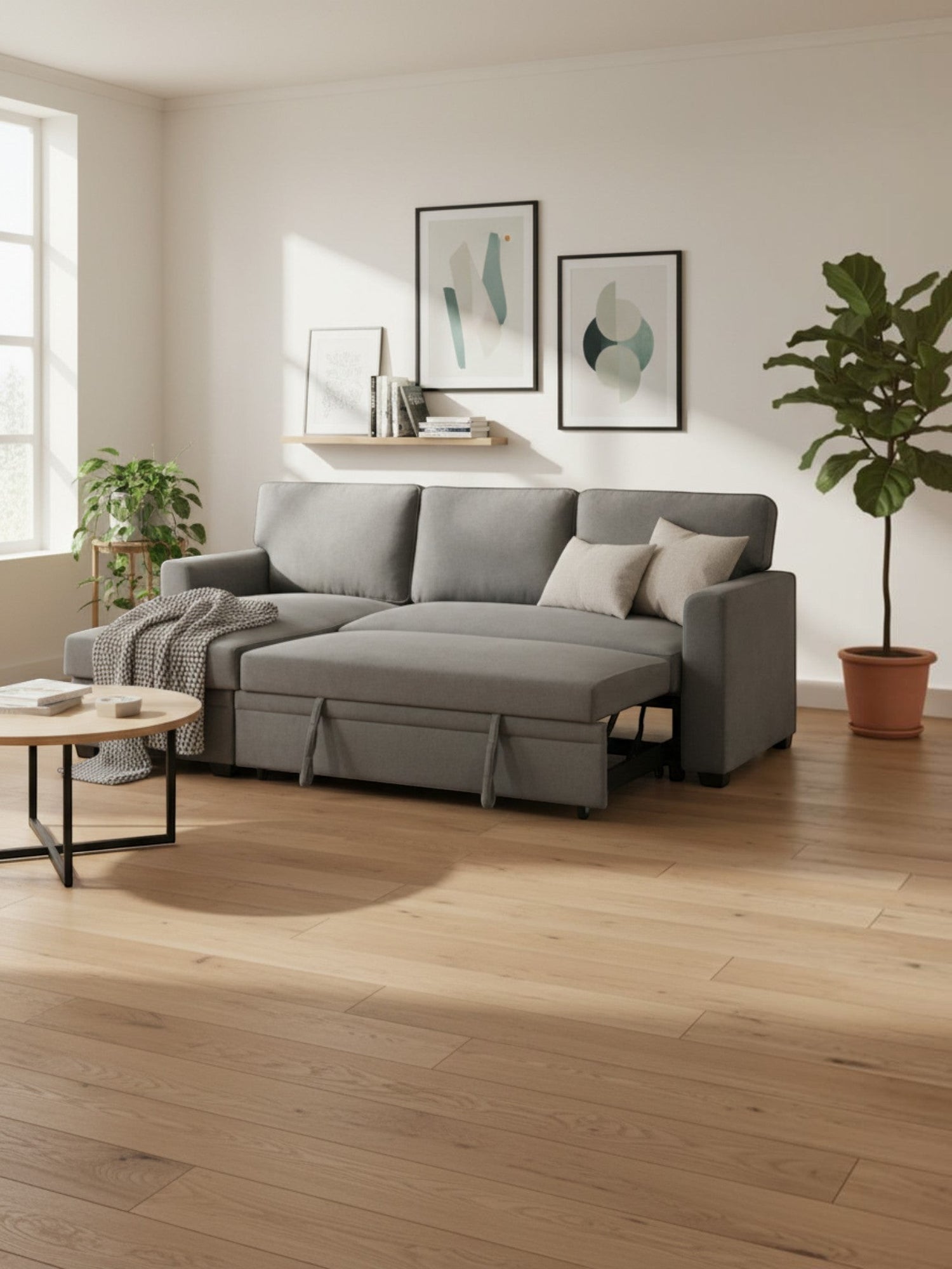 Sofa-lit Teni gris de TOCO Meubles avec méridienne convertible dans un salon moderne et lumineux
