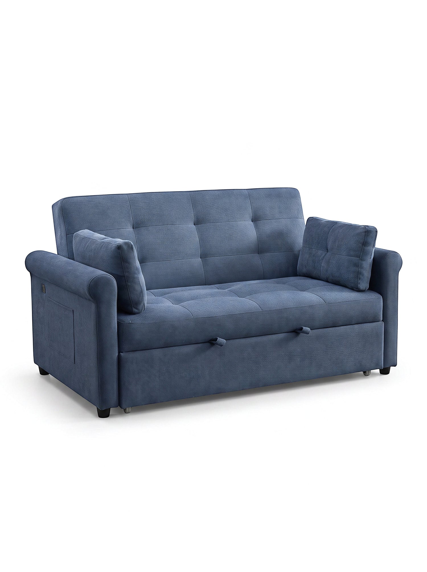 Sofa-lit Thomas de TOCO Meubles en tissu bleu avec dossier capitonné et accoudoirs arrondis