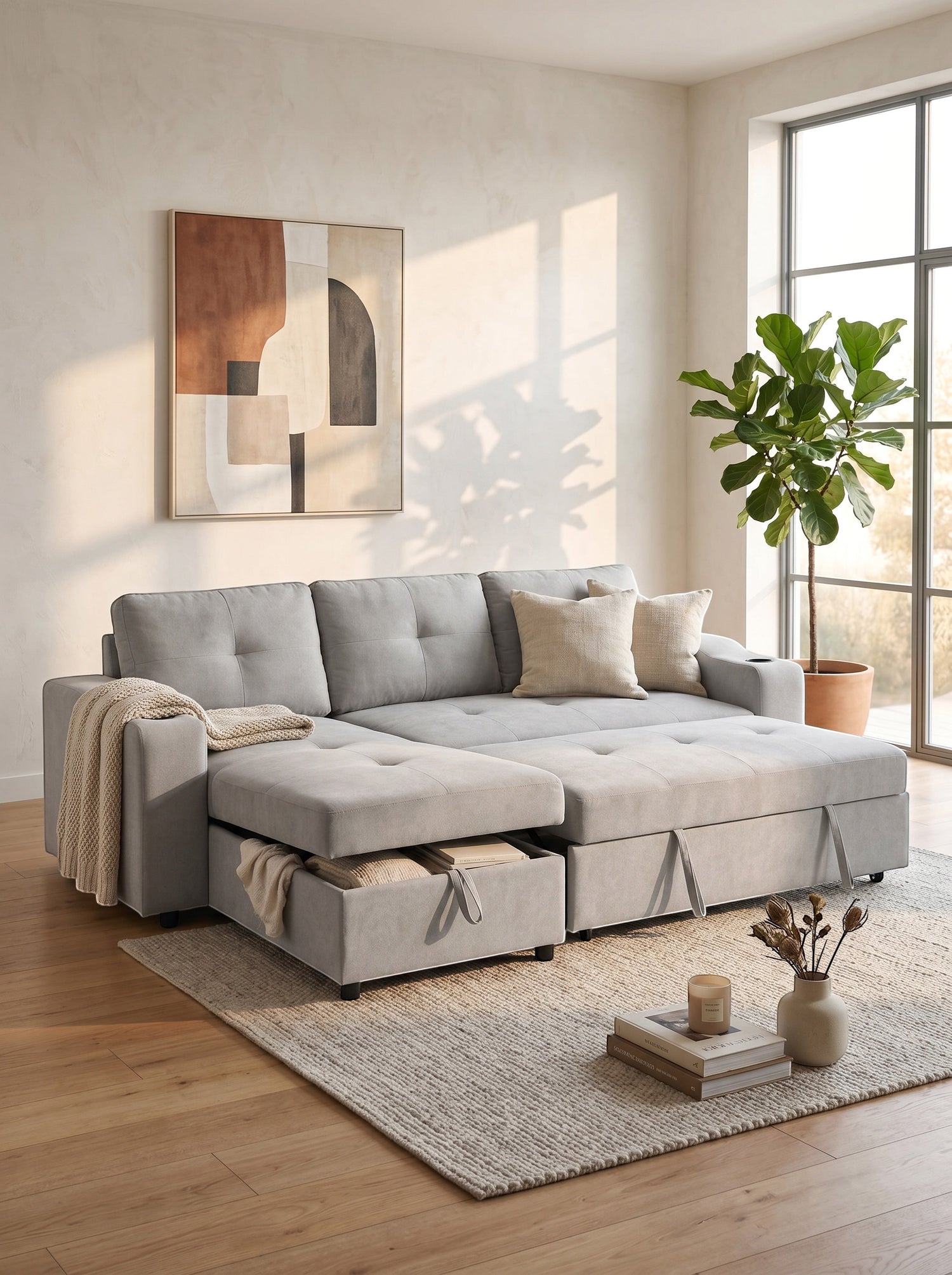 Sofa-lit Zena gris TOCO Meubles convertible avec coffre de rangement dans un salon lumineux et moderne