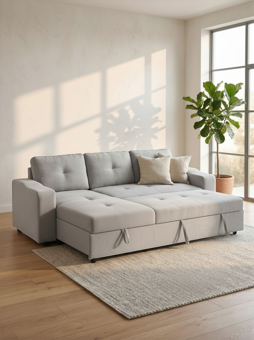Sofa-lit Zena gris clair de TOCO Meubles avec méridienne convertible, design moderne et confortable