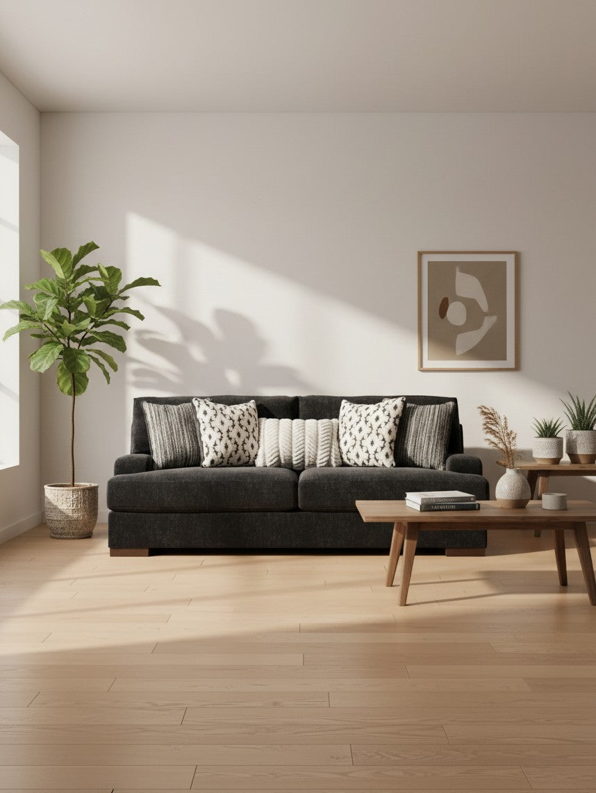 Sofa Mistral de TOCO Meubles en tissu noir avec coussins décoratifs dans un salon moderne et lumineux