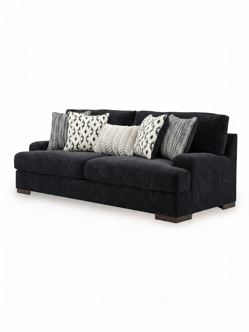 Canapé Mistral TOCO Meubles en tissu noir texturé avec coussins décoratifs à motifs géométriques