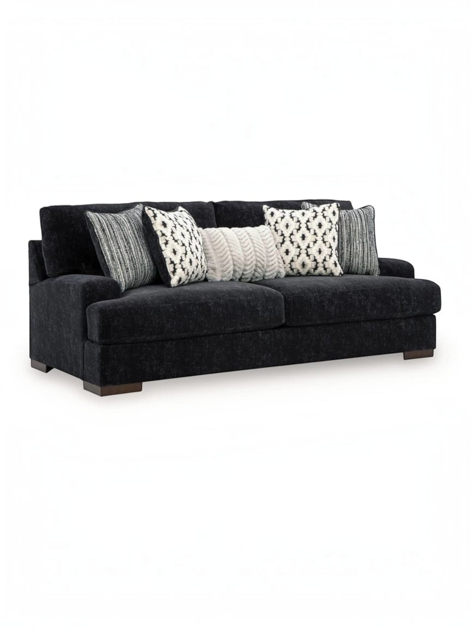 Canapé Mistral TOCO Meubles en tissu noir texturé avec coussins décoratifs à motifs géométriques