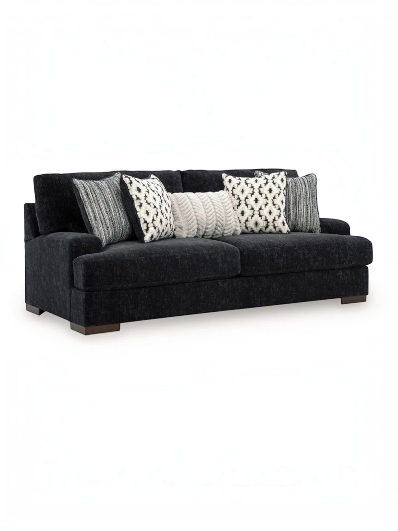 Canapé Mistral TOCO Meubles en tissu noir texturé avec coussins décoratifs à motifs géométriques