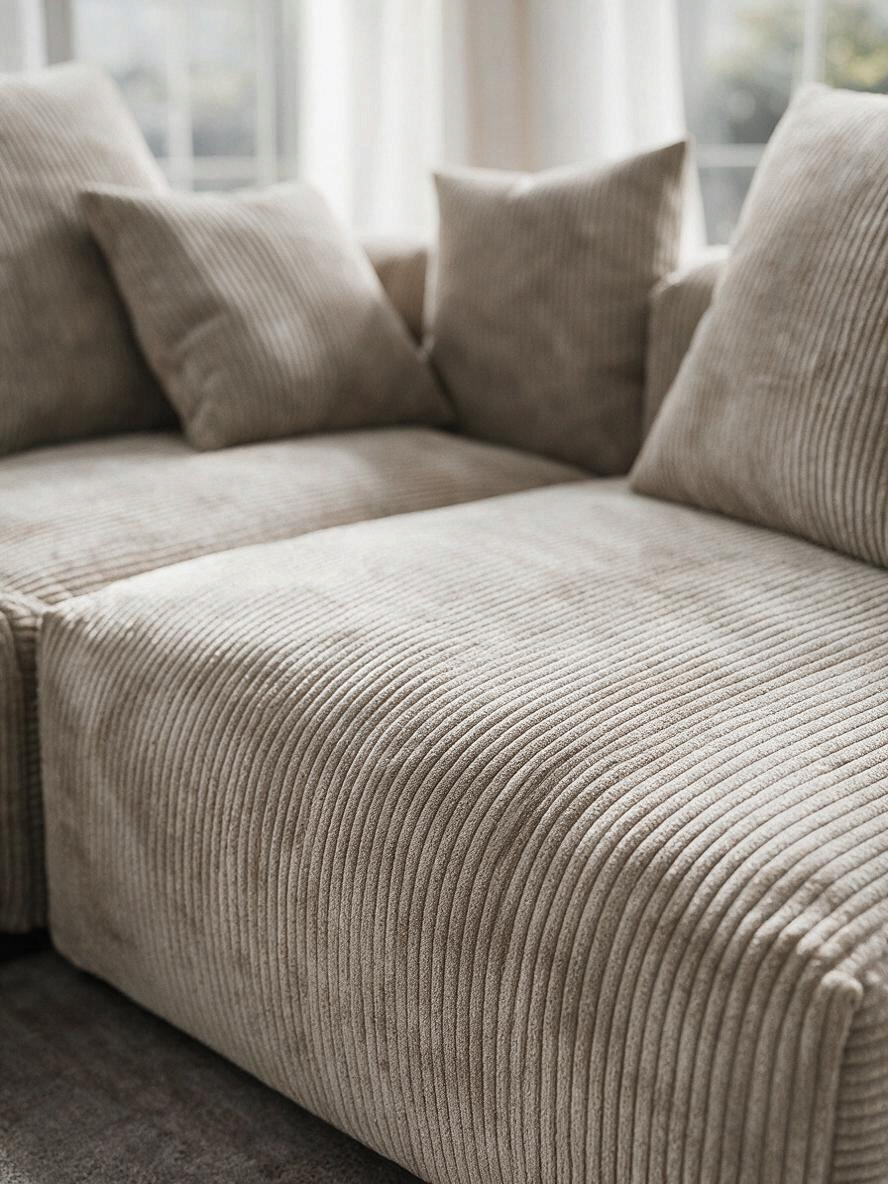 Sofa modulaire Nola de TOCO Meubles en velours côtelé beige avec ottoman et coussins assortis