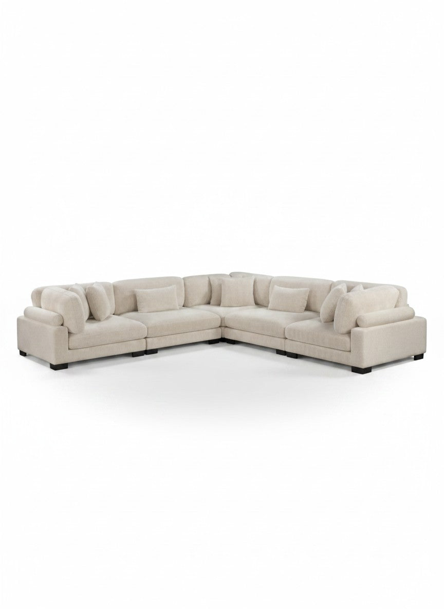Sofa modulaire d'angle TOCO Meubles en velours côtelé beige avec assises spacieuses et coussins décoratifs