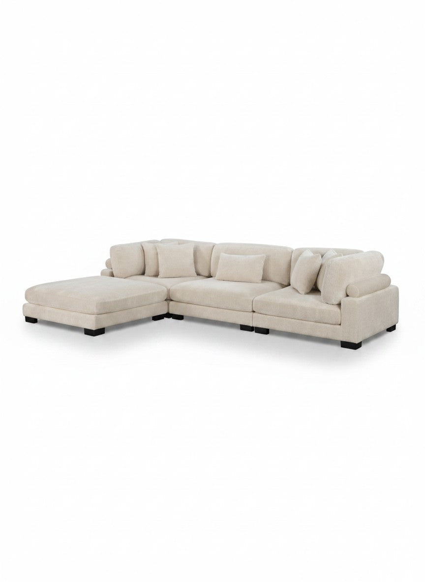 Sofa modulaire Traverse TOCO Meubles en velours côtelé beige avec méridienne et coussins décoratifs