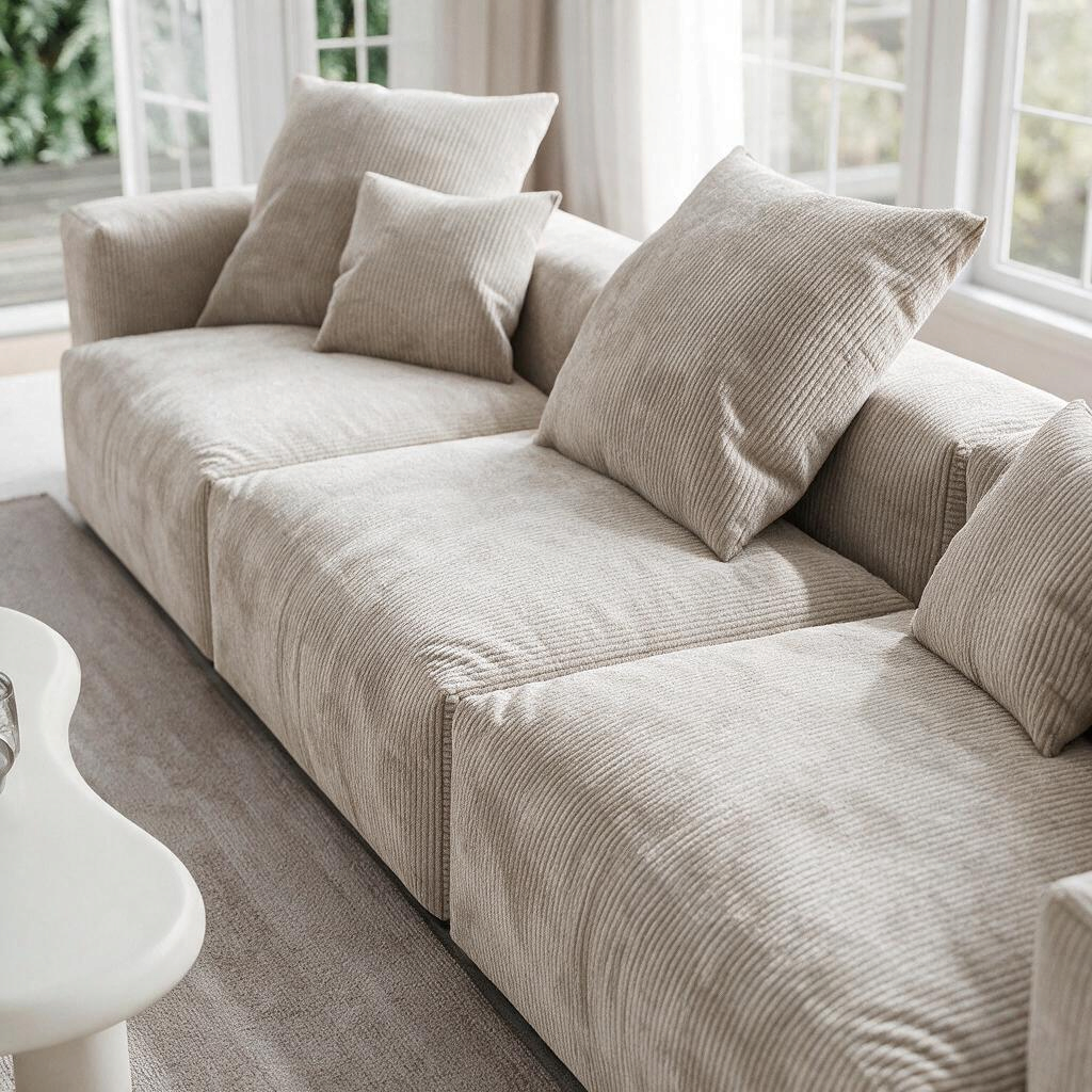Sofa modulaire Nola de TOCO Meubles en velours côtelé beige avec trois sections et coussins assortis