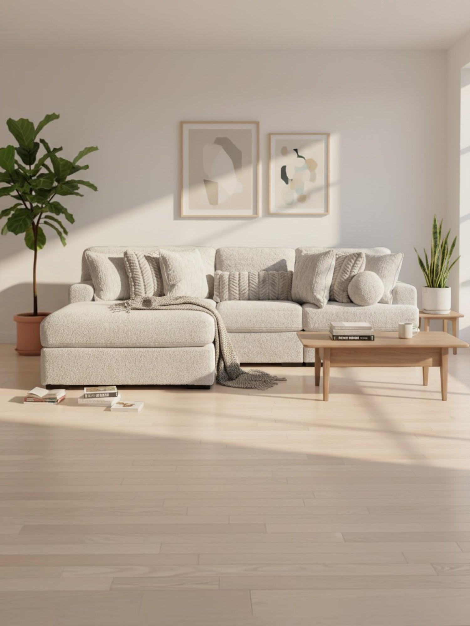 Sofa modulaire beige TOCO Meubles avec chaise longue, coussins moelleux et design contemporain dans un salon lumineux.