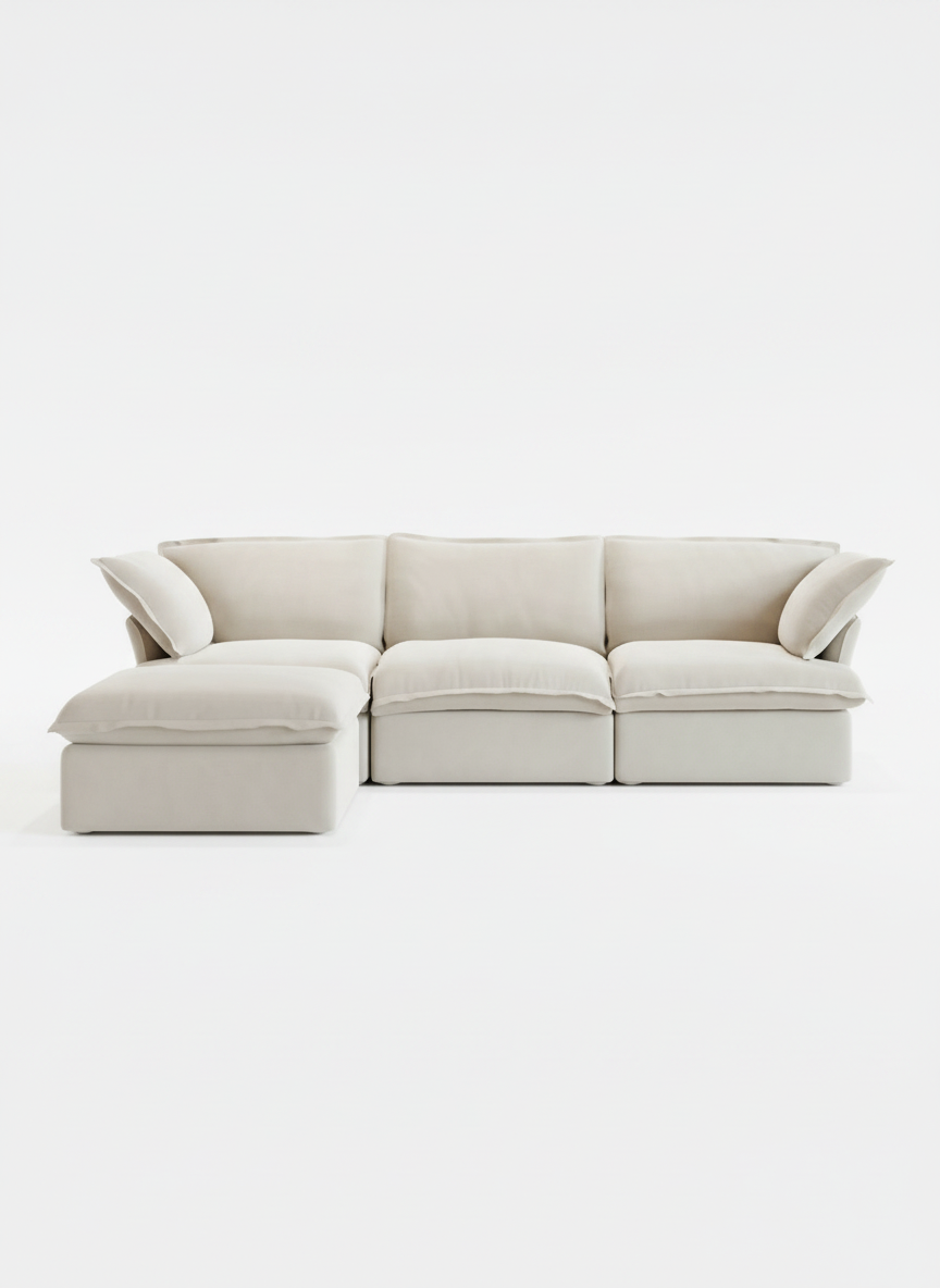 Sofa modulaire Luna beige de TOCO Meubles avec trois sections et un ottoman confortable au design contemporain