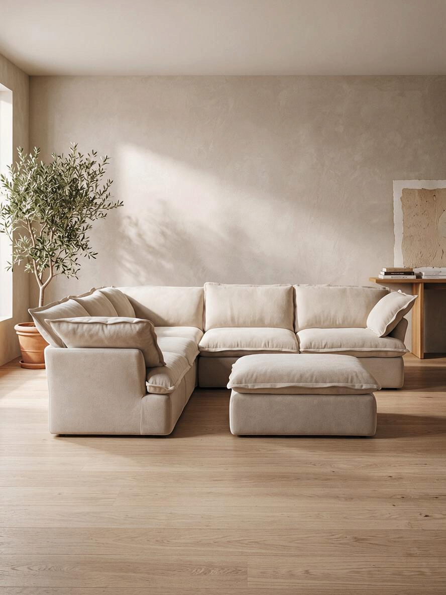 Sofa modulaire TOCO Meubles Luna beige à 5 morceaux avec ottoman dans un salon lumineux au style minimaliste