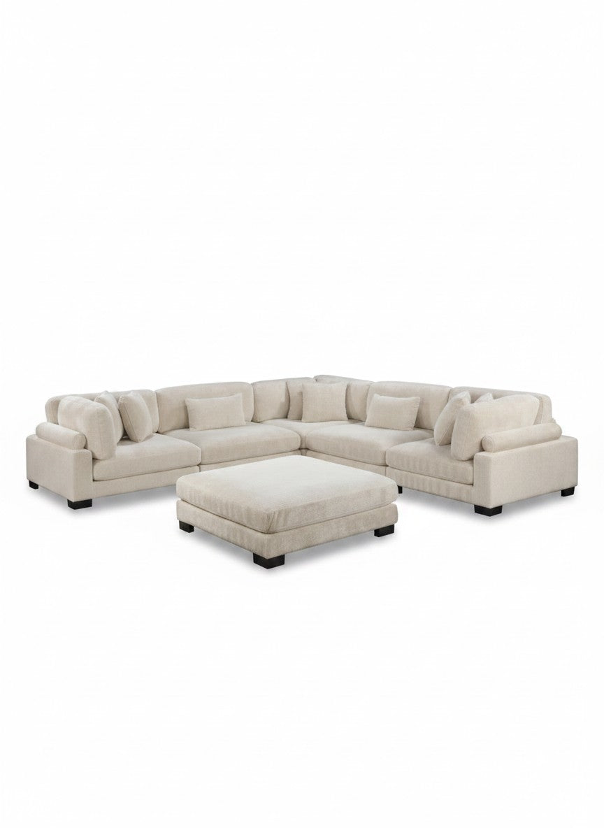 Sofa modulaire d'angle TOCO Meubles en velours côtelé beige avec pouf assorti et coussins décoratifs