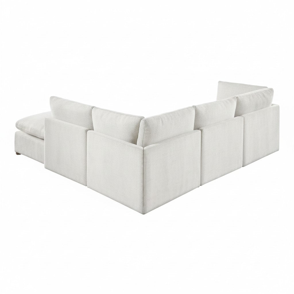 Sofa modulaire d'angle TOCO Meubles Montrose en tissu chenille beige avec pouf, vue arrière sur fond blanc