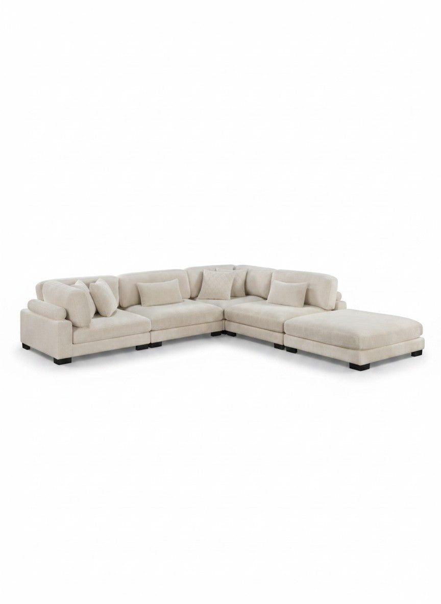 Sofa modulaire TOCO Meubles Traverse en velours côtelé beige avec pouf et coussins décoratifs