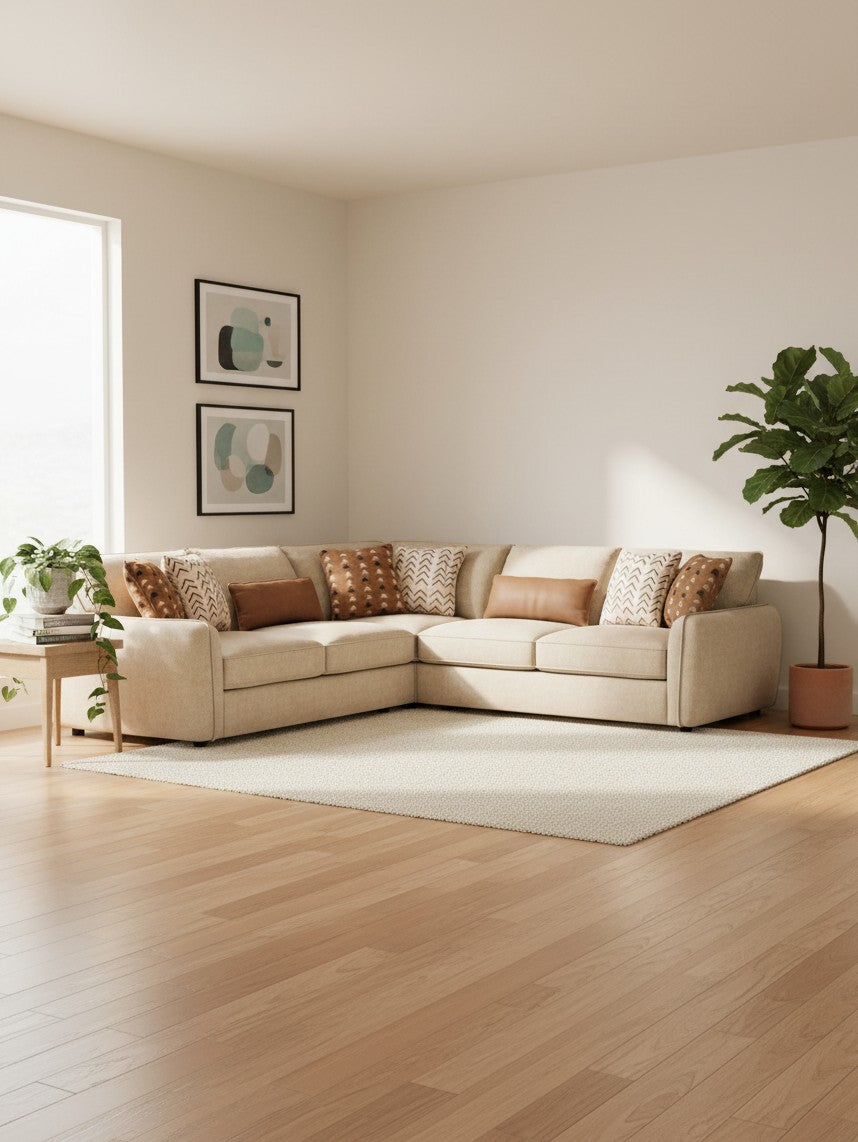Sofa modulaire beige TOCO Meubles avec coussins décoratifs dans un salon lumineux au style contemporain
