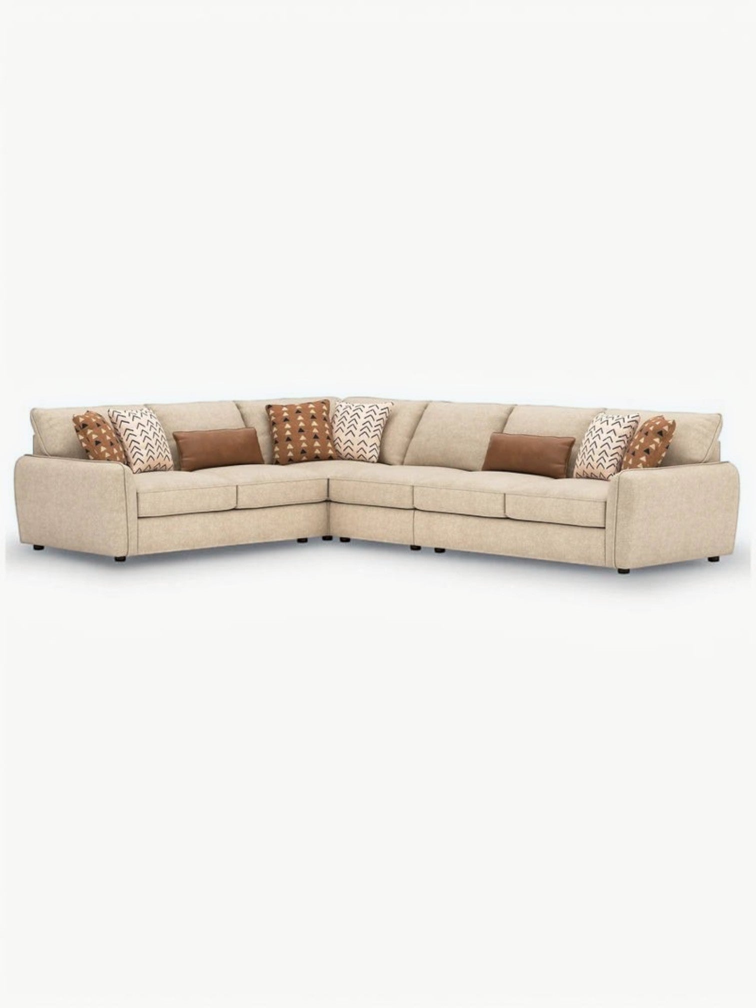 Sofa modulaire d'angle TOCO Meubles Kelso en tissu beige avec coussins décoratifs à motifs et coussins lombaires bruns