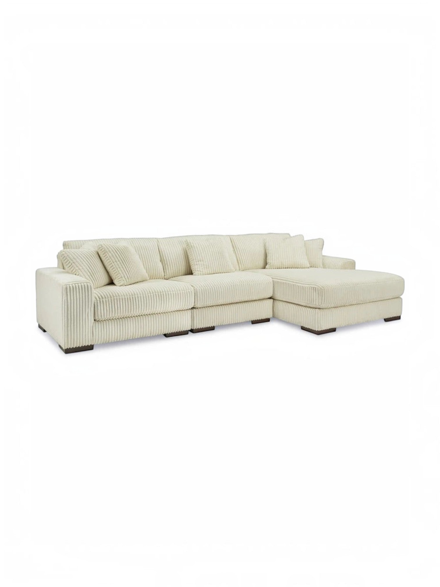 Sofa modulaire Manoa TOCO Meubles en velours côtelé blanc cassé avec méridienne et coussins assortis