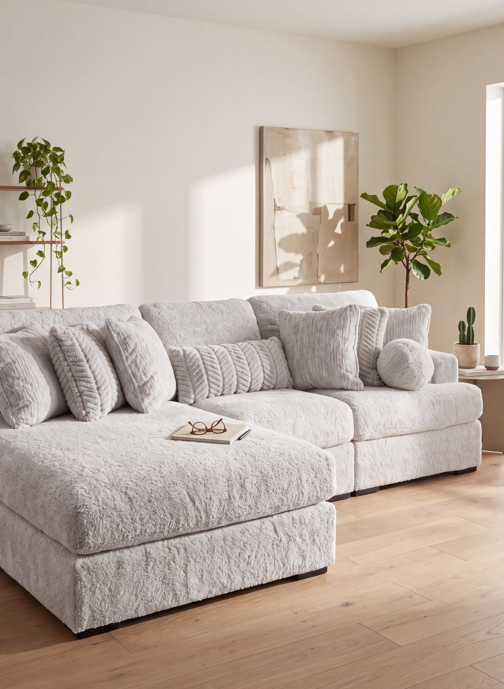 Sofa modulaire Nuage de TOCO Meubles en tissu bouclette blanc cassé avec chaise longue et coussins texturés