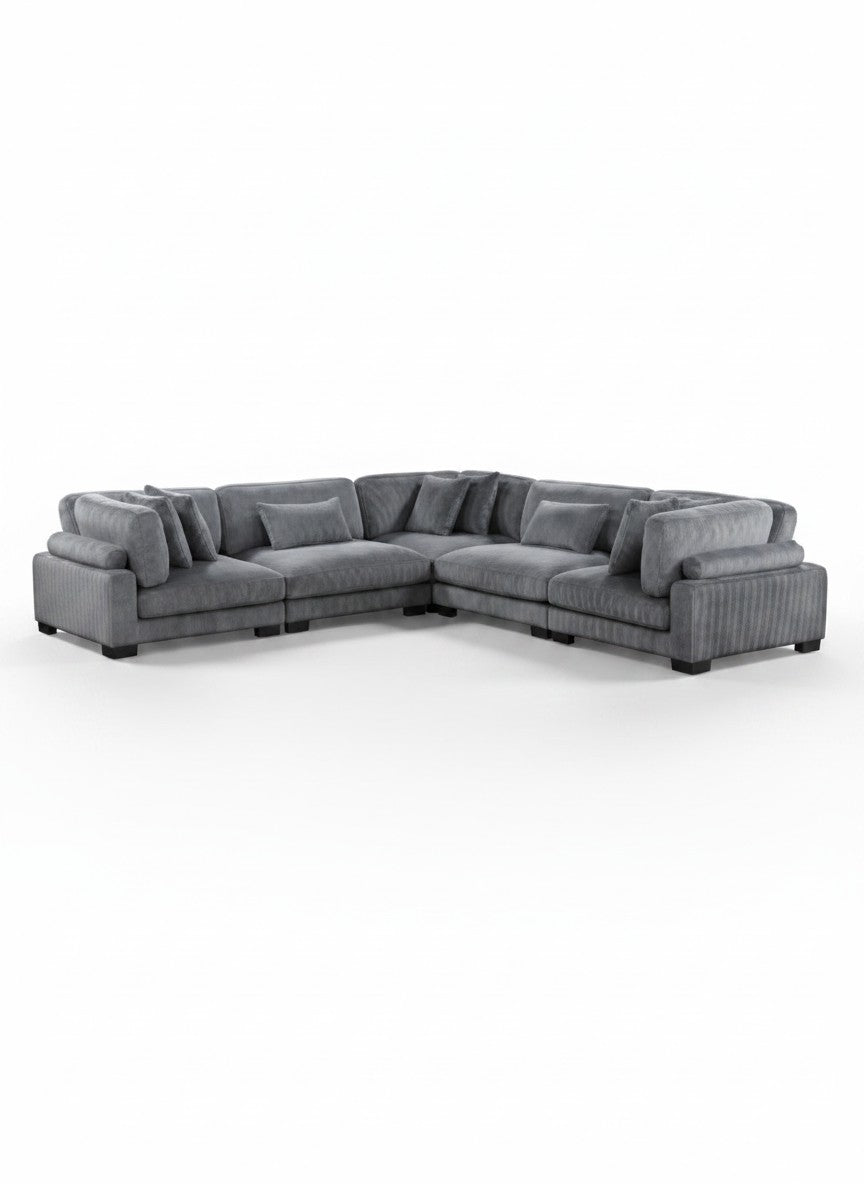 Sofa modulaire d'angle TOCO Meubles en velours côtelé gris avec assises profondes et coussins décoratifs