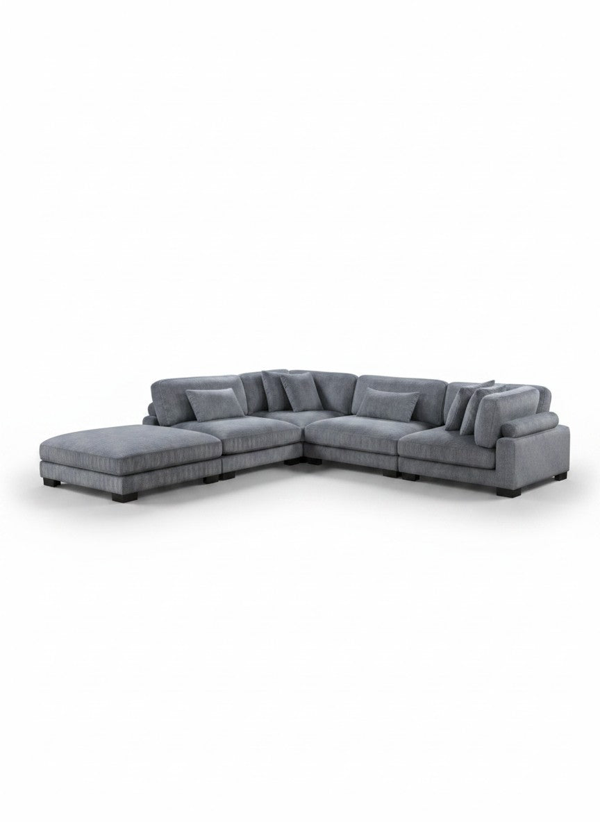 Sofa modulaire TOCO Meubles Traverse en velours côtelé gris avec méridienne et coussins décoratifs