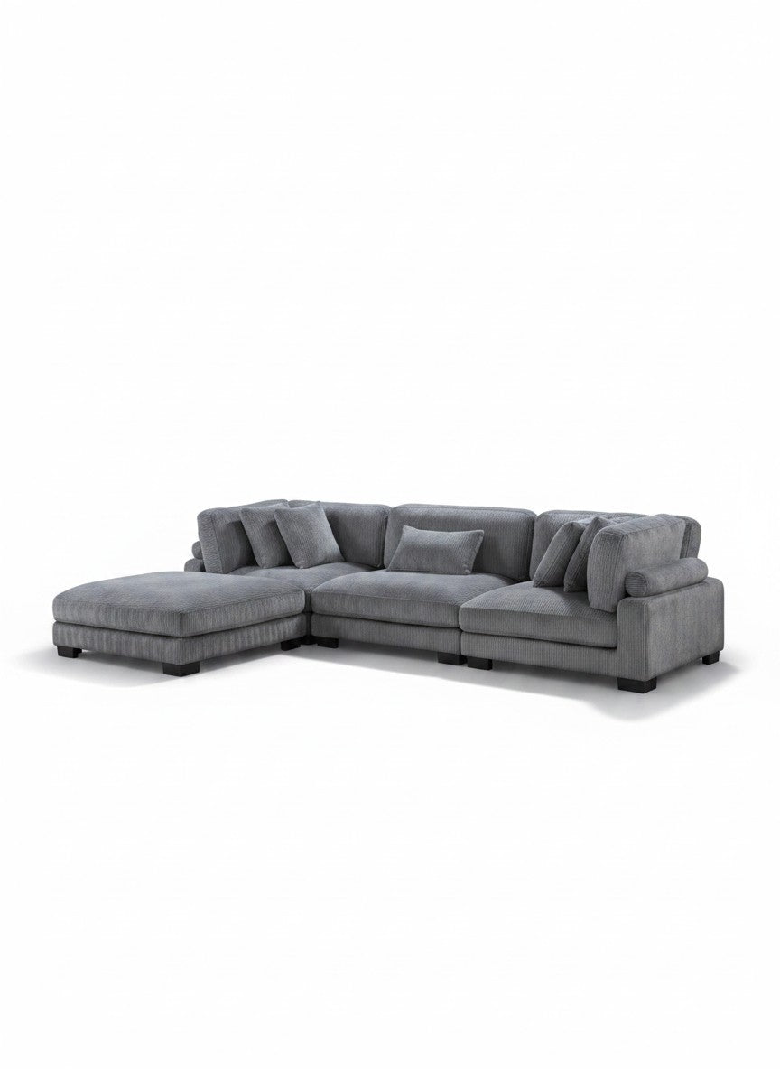 Sofa modulaire gris TOCO Meubles en velours côtelé avec méridienne et coussins décoratifs sur fond blanc