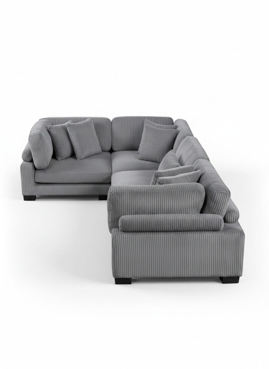Sofa modulaire d'angle gris en velours côtelé de TOCO Meubles avec coussins moelleux et design contemporain