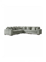 Sofa modulaire d'angle TOCO Meubles en velours côtelé gris avec coussins assortis et pieds en bois foncé
