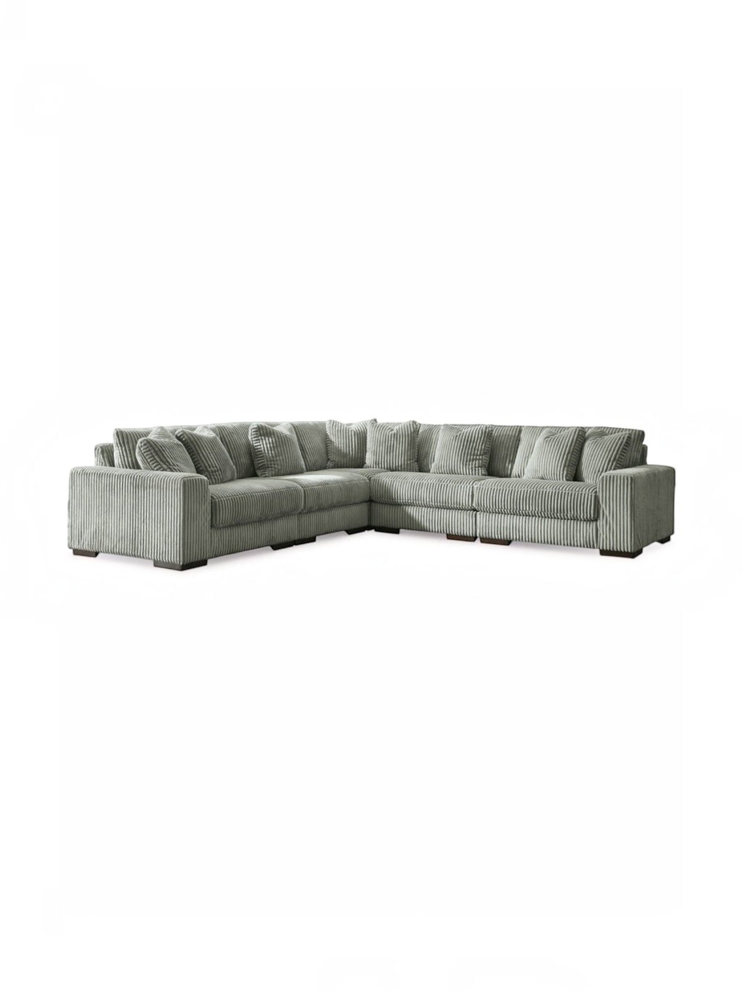 Sofa modulaire d'angle TOCO Meubles en velours côtelé gris avec coussins assortis et pieds en bois foncé