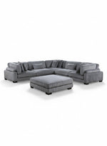 Sofa modulaire gris TOCO Meubles en velours côtelé avec pouf assorti et assises profondes pour un salon confortable