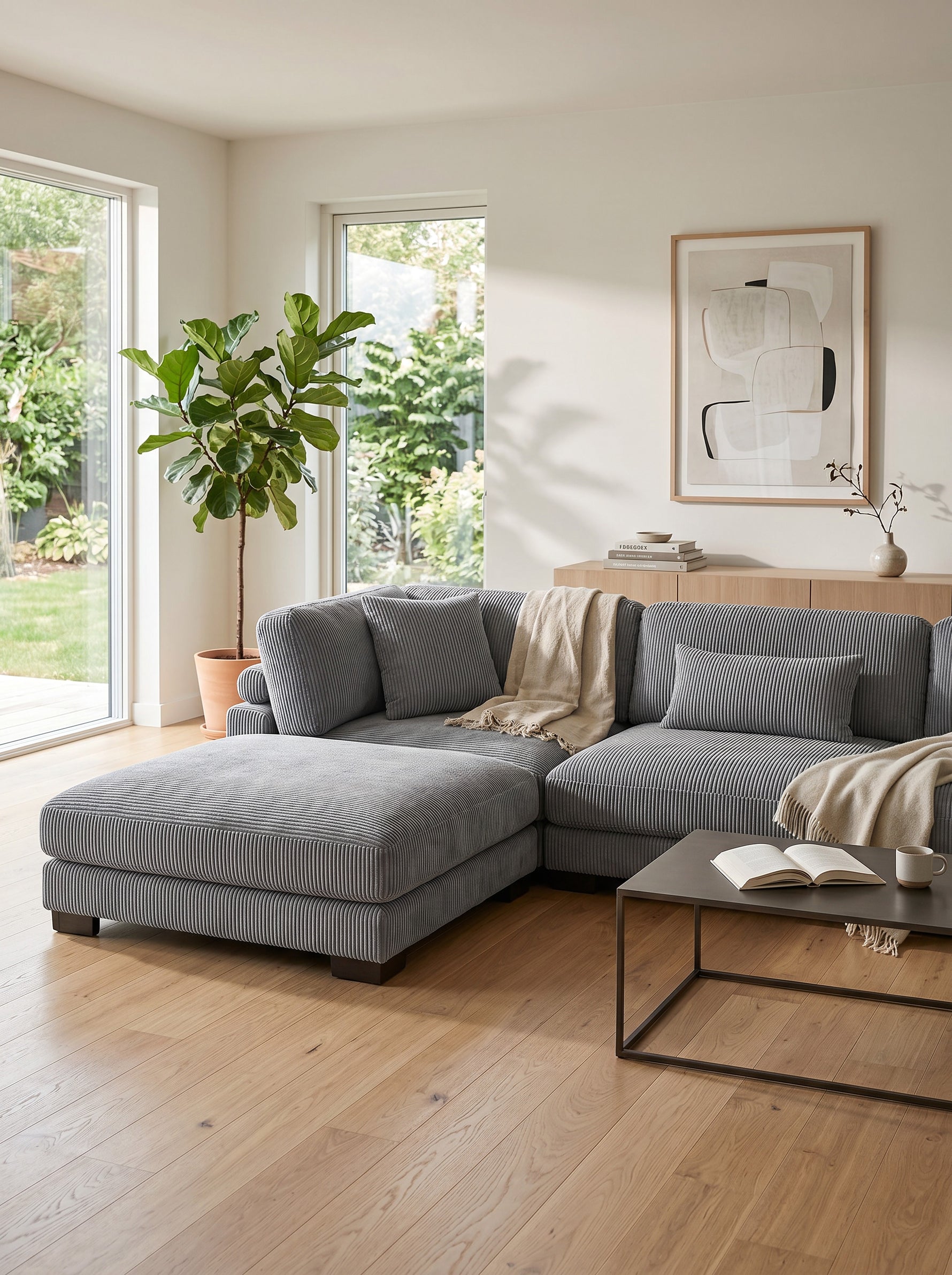 Sofa modulaire Traverse TOCO Meubles en velours côtelé gris avec méridienne dans un salon lumineux et moderne