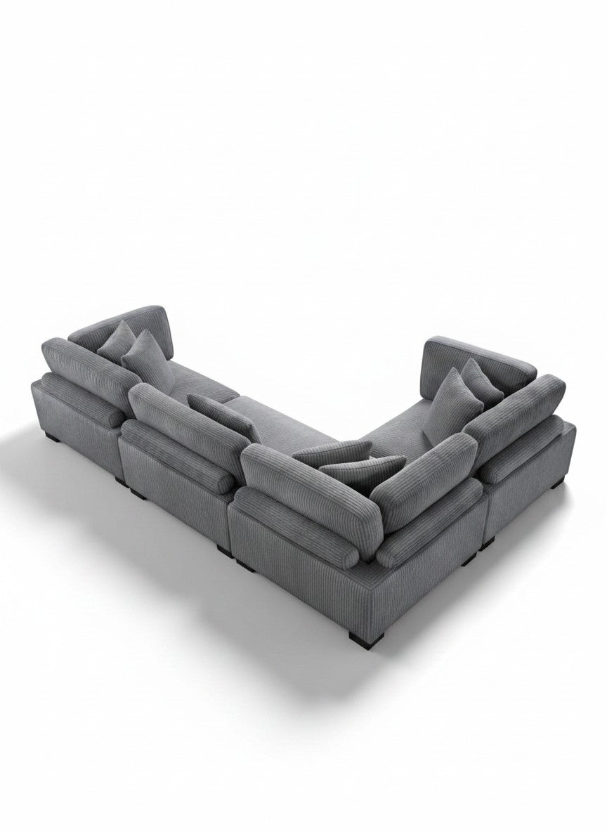 Sofa modulaire gris TOCO Meubles en velours côtelé avec configuration en angle et coussins assortis
