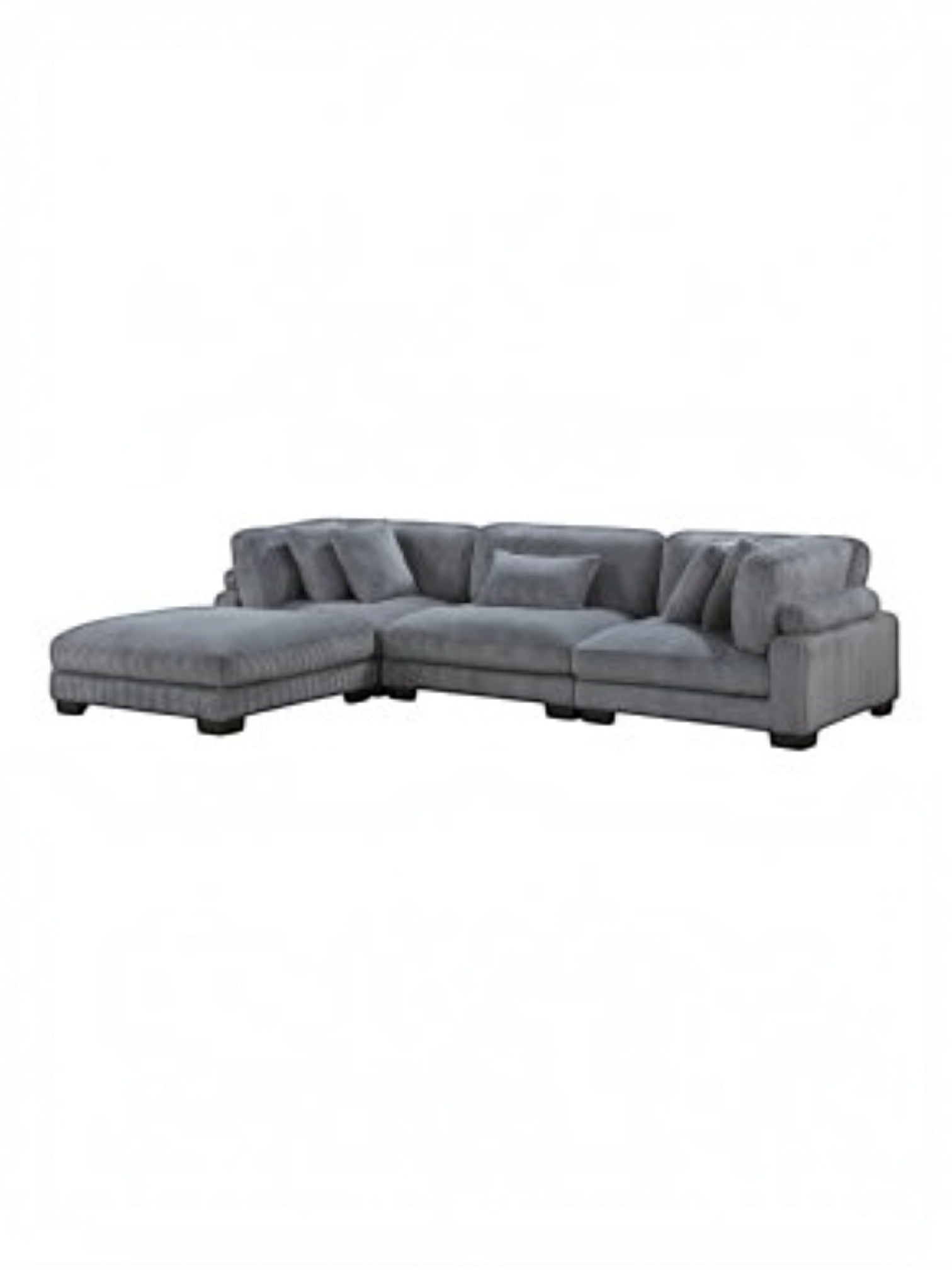 Sofa modulaire Traverse gris par TOCO Meubles avec méridienne et coussins assortis sur fond blanc