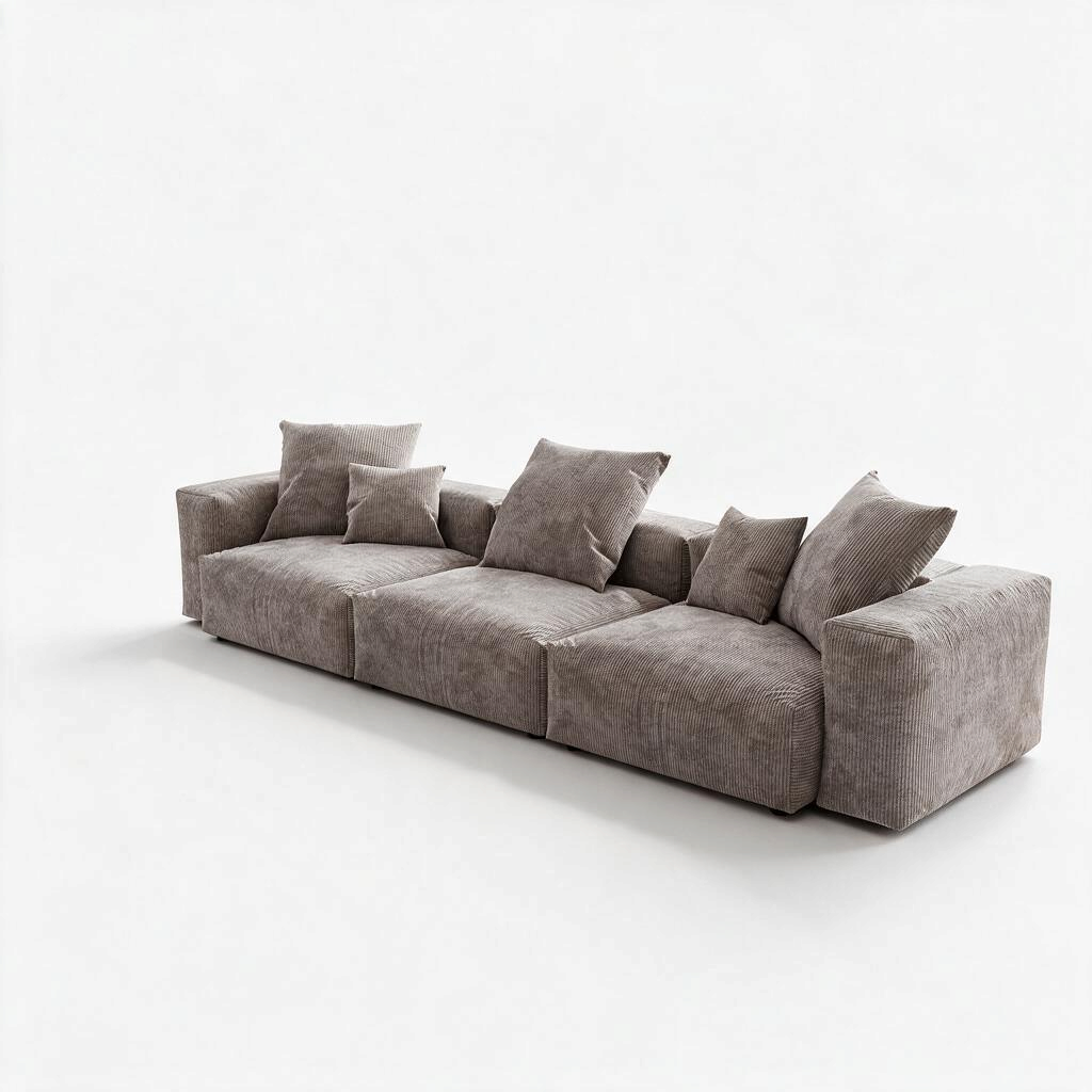 Sofa modulaire Nola de TOCO Meubles en velours côtelé gris avec trois sections et coussins décoratifs assortis