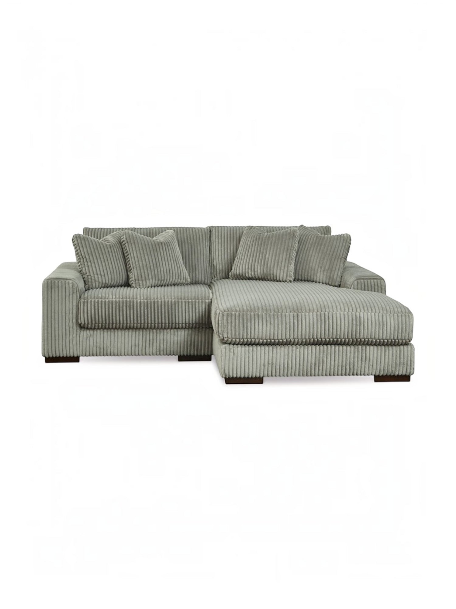 Sofa modulaire Manoa de TOCO Meubles en tissu velours côtelé gris avec méridienne et coussins assortis