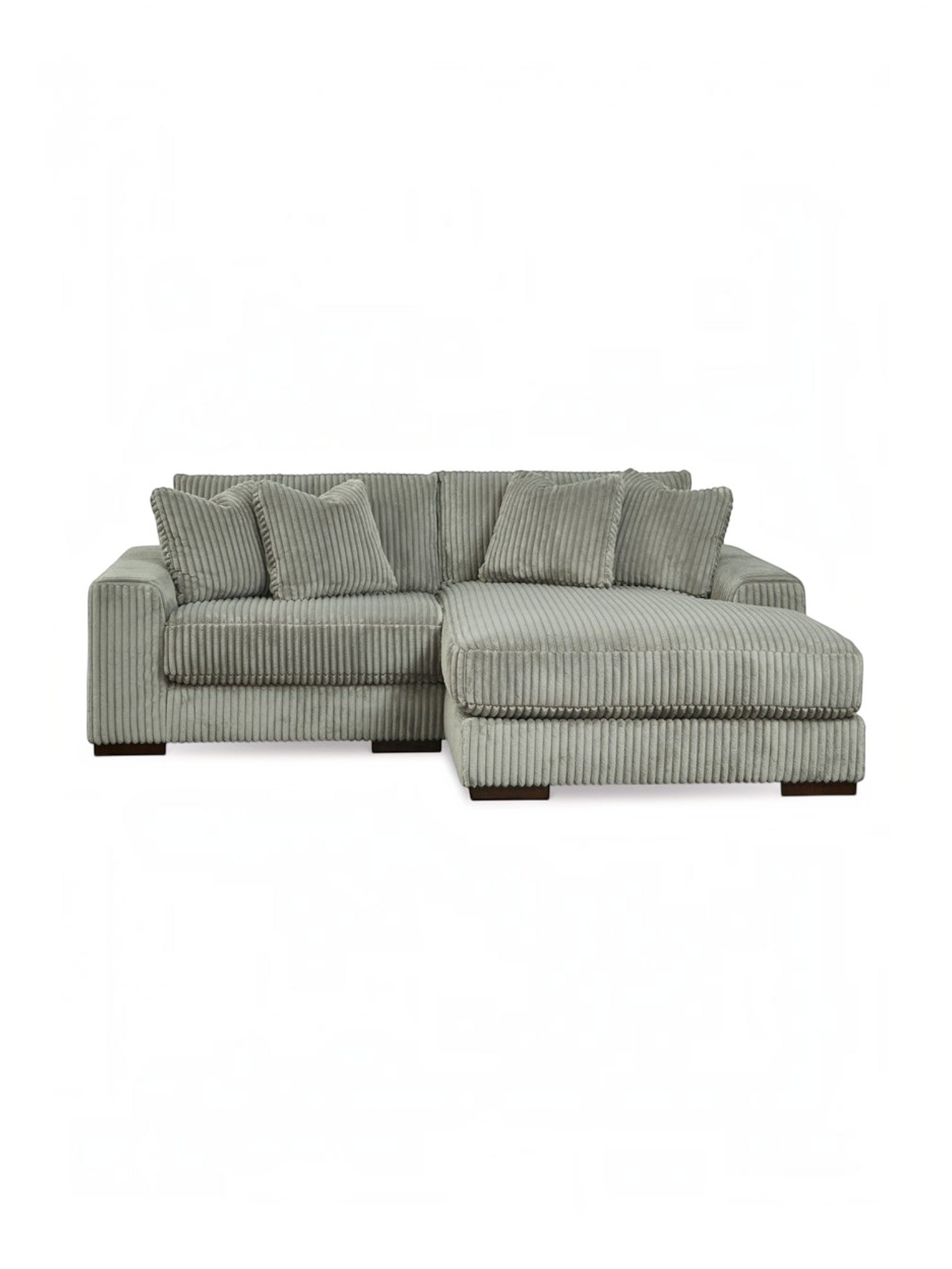 Sofa modulaire Manoa de TOCO Meubles en tissu velours côtelé gris avec méridienne et coussins assortis