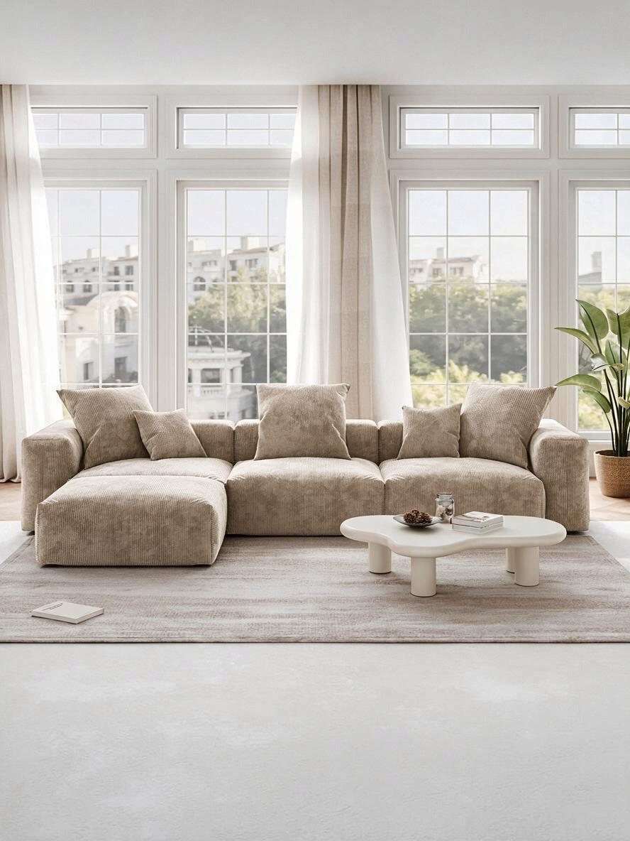 Sofa modulaire Nola de TOCO Meubles en velours côtelé beige avec ottoman dans un salon lumineux et moderne