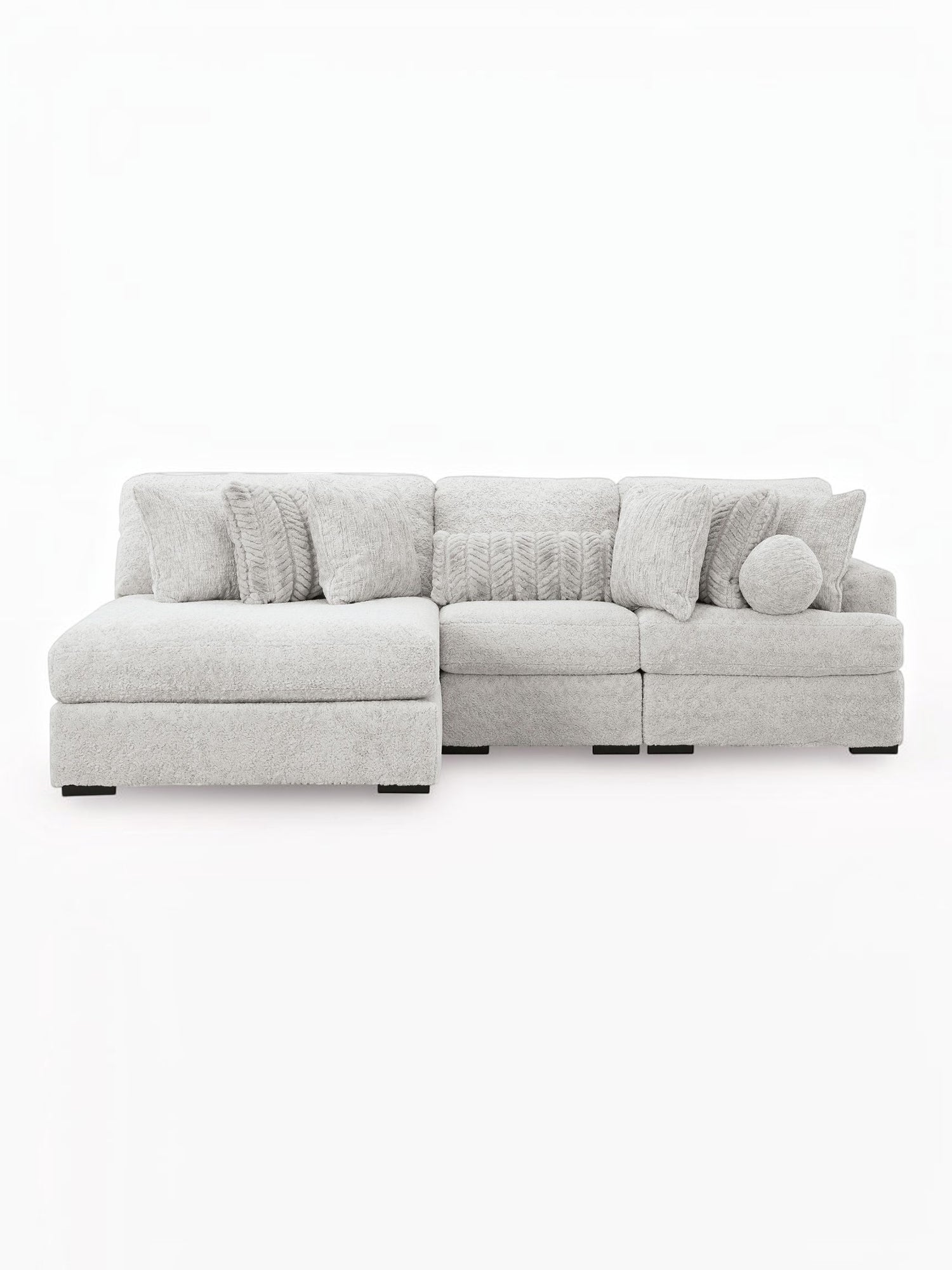 TOCO Meubles Sofa modulaire Nuage gris clair en tissu texturé, avec chaise longue et coussins assortis.