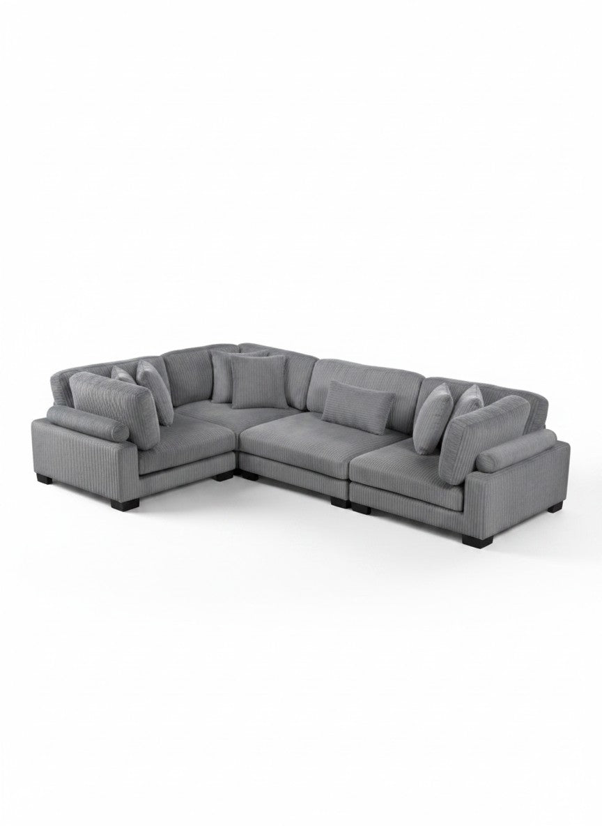 Sofa modulaire d'angle TOCO Meubles en velours côtelé gris avec assises généreuses et coussins décoratifs