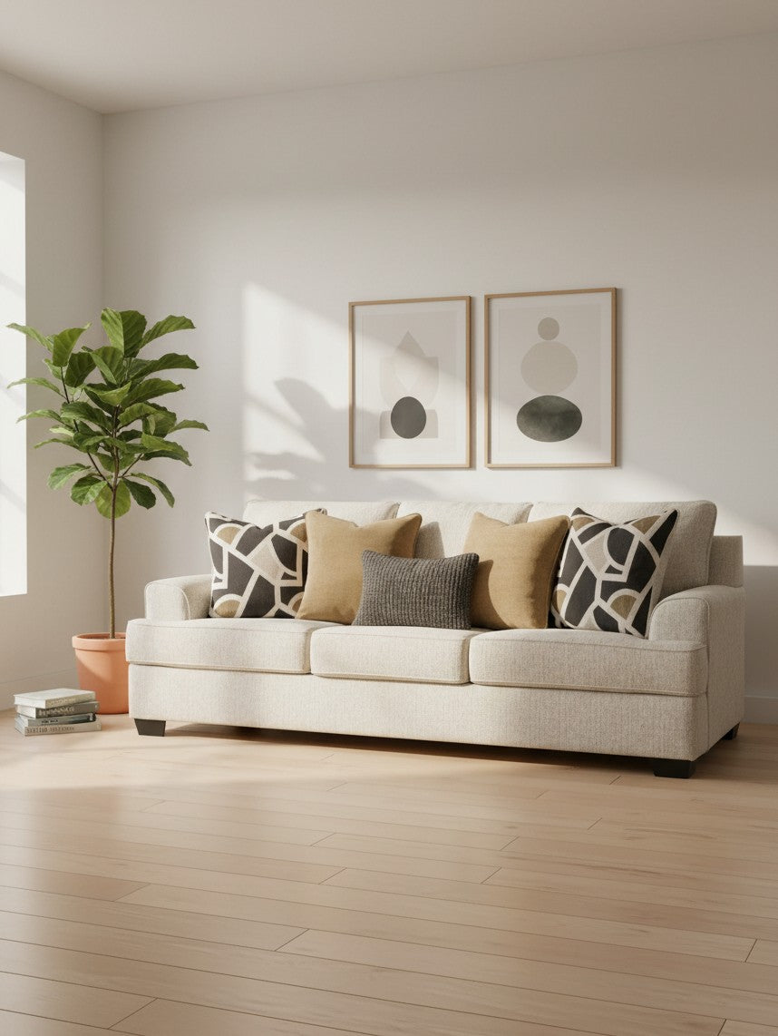 Sofa Moka TOCO Meubles couleur quartz avec coussins décoratifs dans un salon moderne lumineux