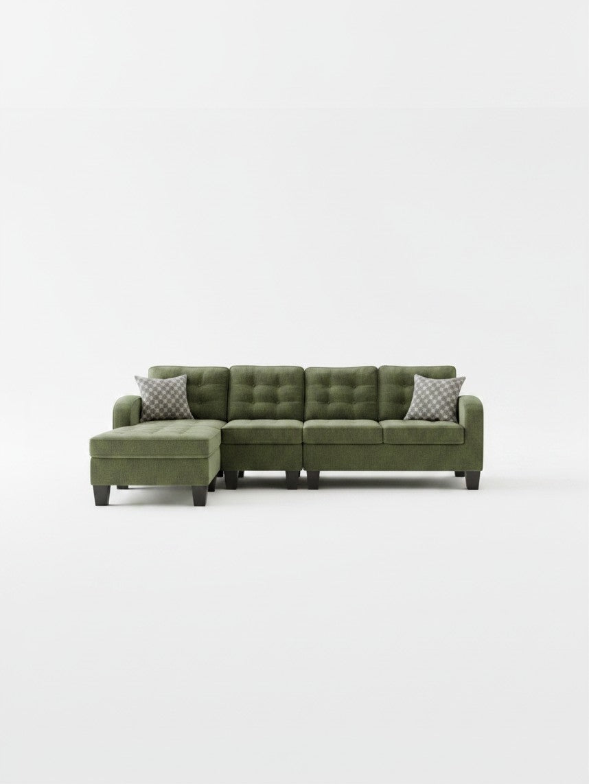 Sofa sectionnel Adrien TOCO Meubles vert à 4 pièces avec méridienne et trois coussins décoratifs sur fond blanc