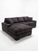 Sofa sectionnel Alpaga TOCO Meubles en velours côtelé gris foncé avec méridienne et coussins décoratifs