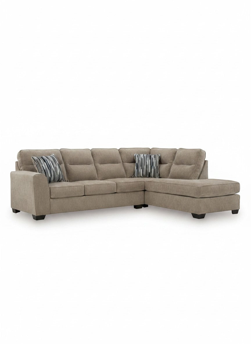 Sofa sectionnel Brutus de TOCO Meubles en tissu beige avec méridienne et coussins décoratifs rayés