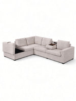 Sofa sectionnel en L TOCO Meubles en velours côtelé beige avec console centrale, porte-gobelets et rangement intégré