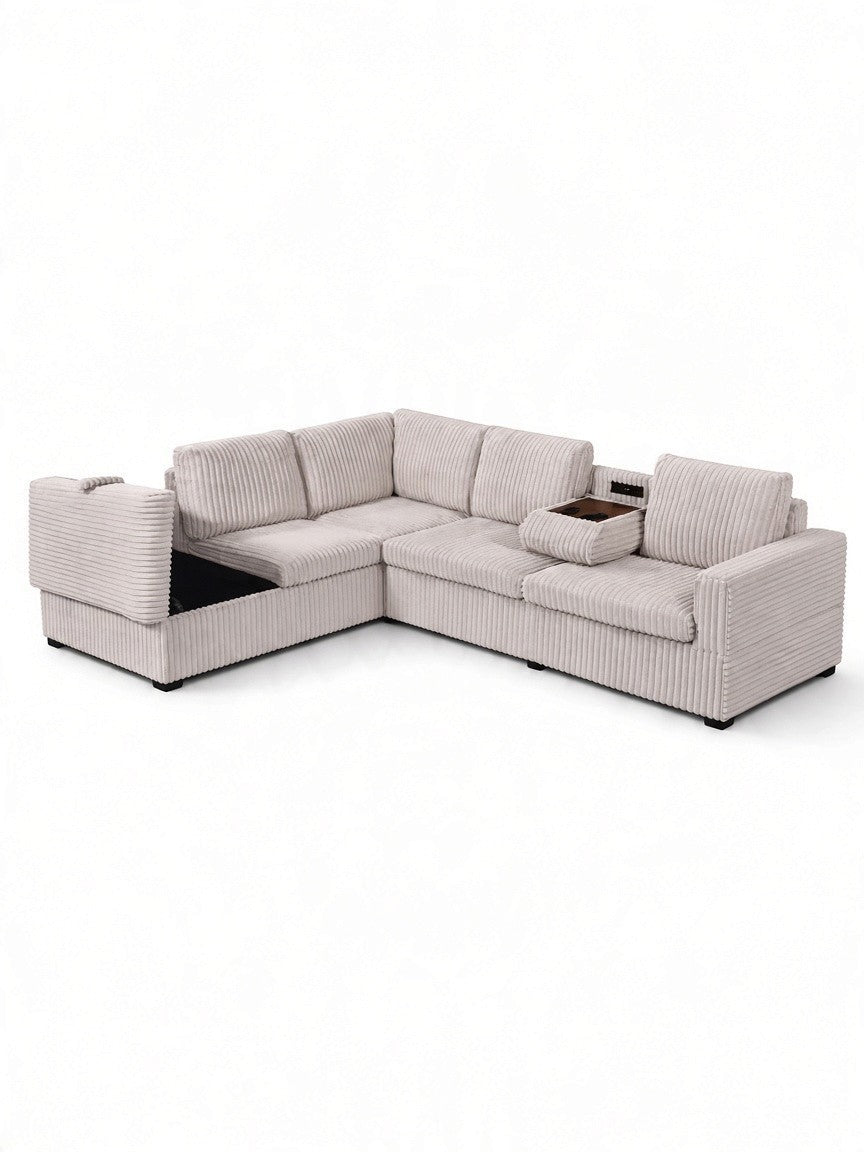 Sofa sectionnel en L TOCO Meubles en velours côtelé beige avec console centrale, porte-gobelets et rangement intégré
