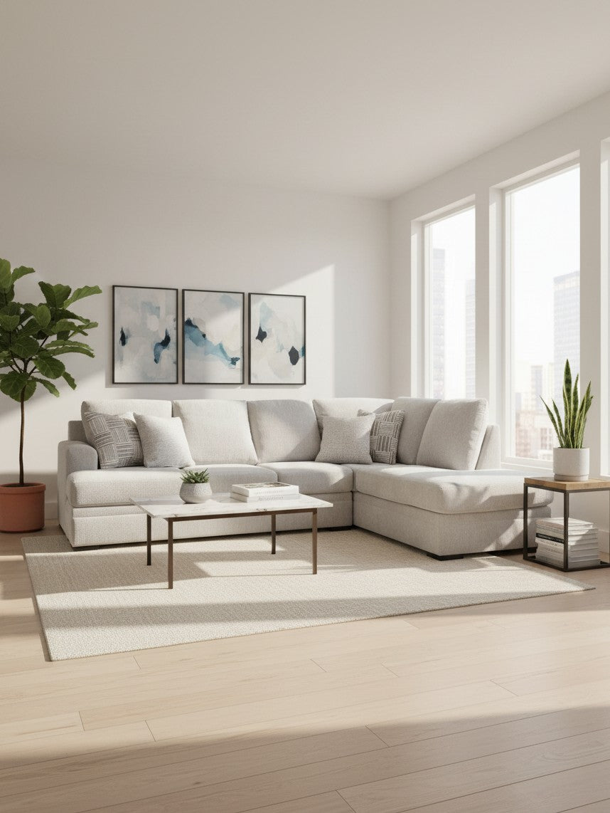 Sofa sectionnel Gaby de TOCO Meubles en tissu beige clair avec coussins décoratifs dans un salon lumineux