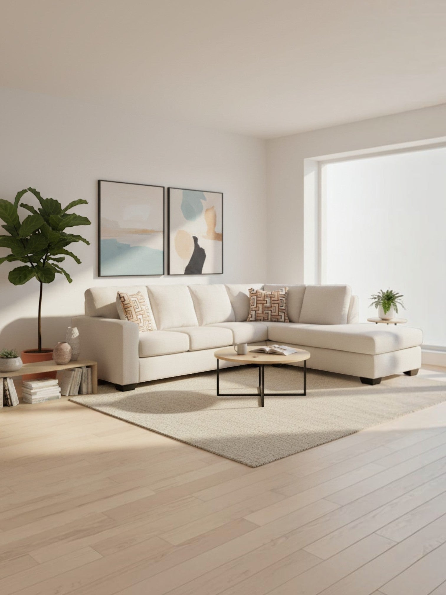 Sofa sectionnel Toscana de TOCO Meubles en tissu beige clair avec méridienne dans un salon moderne et lumineux