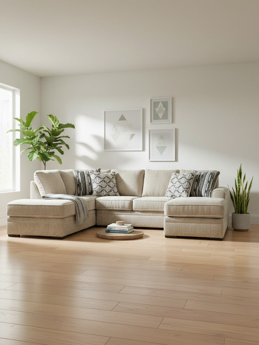 Sofa sectionnel Kael beige de TOCO Meubles avec coussins décoratifs dans un salon lumineux et moderne
