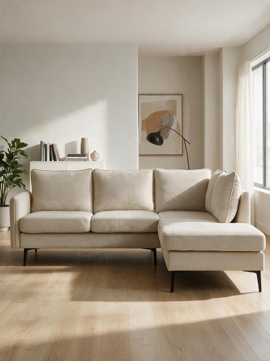 Sofa sectionnel Prince TOCO Meubles en tissu beige avec méridienne et pieds en métal noir dans un salon moderne