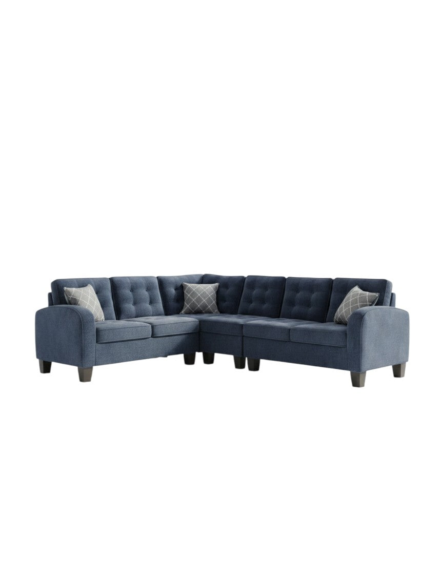Sofa sectionnel bleu TOCO Meubles 4 pieces avec coussins decoratifs a motifs et dossier capitonne