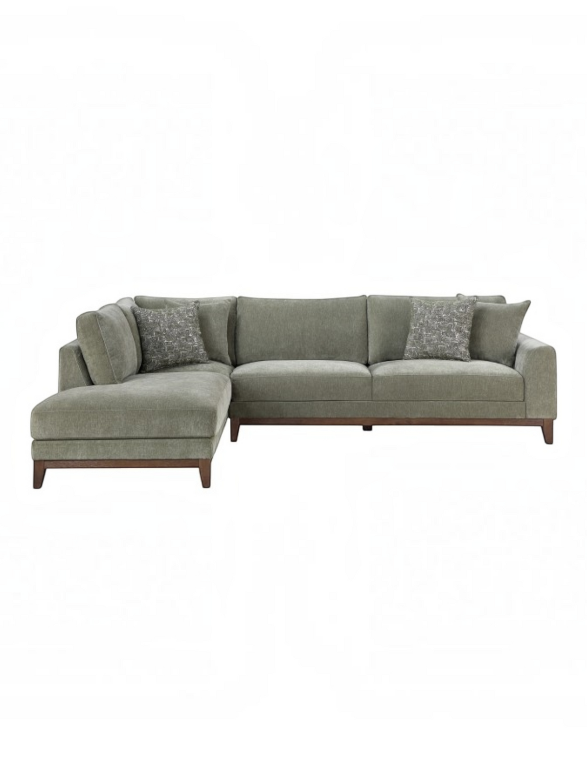 Sofa sectionnel Calvi de TOCO Meubles en tissu chenille vert avec coussins décoratifs et pattes en bois brun foncé